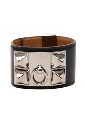Hermes Collier de Chien Bracelet Black Silver Leather Metal 1